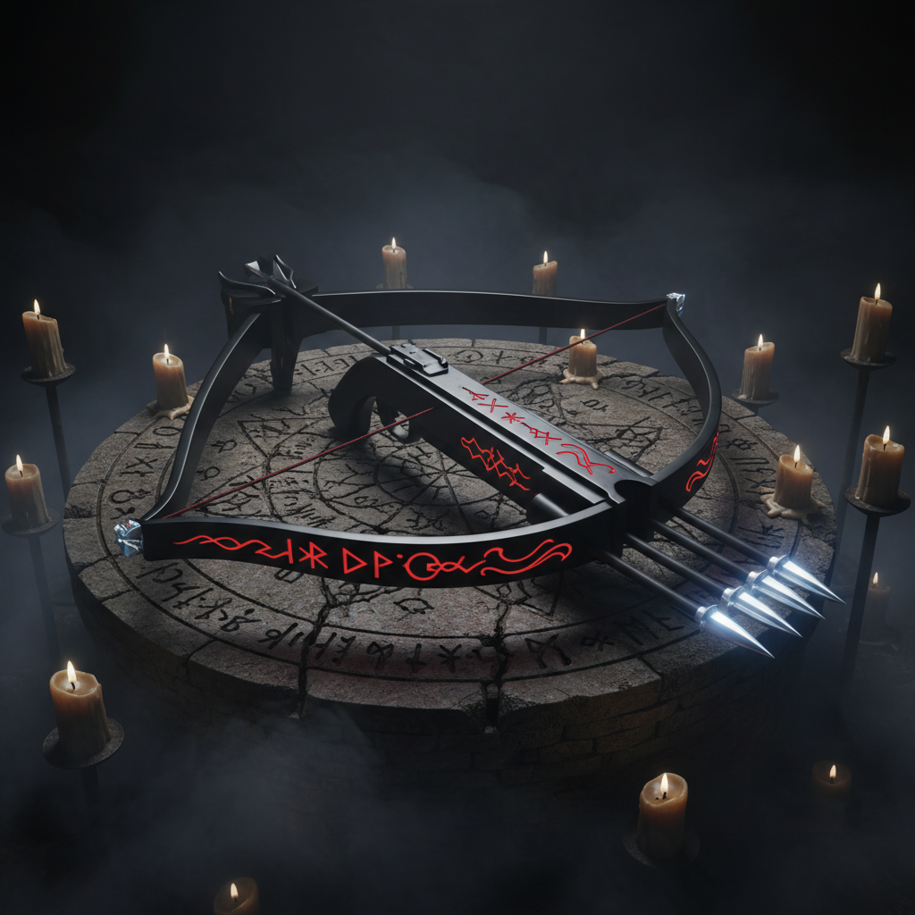 Demon Hunting Crossbow with obsidian frame and blood-red rune engravings on stone altar