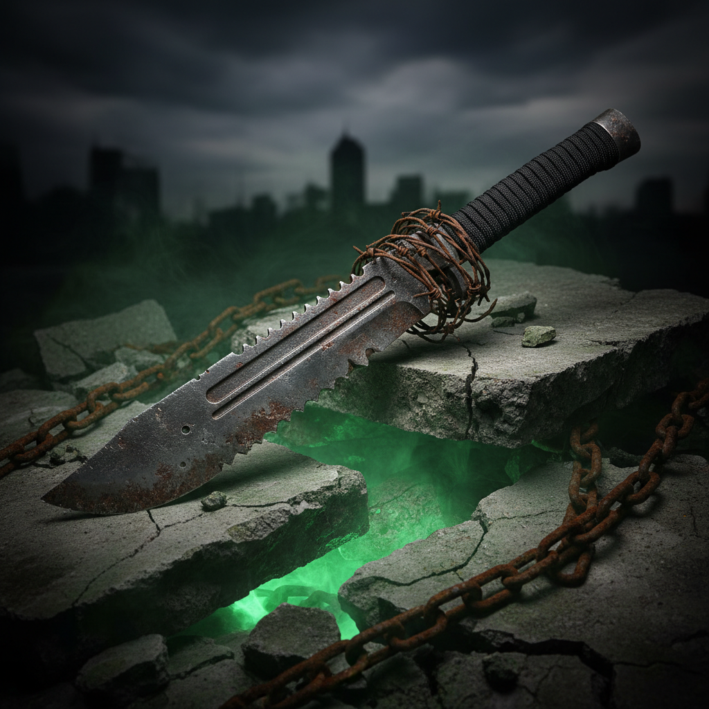 Zombie apocalypse survival machete with serrated blade and barbed wire handle on cracked concrete