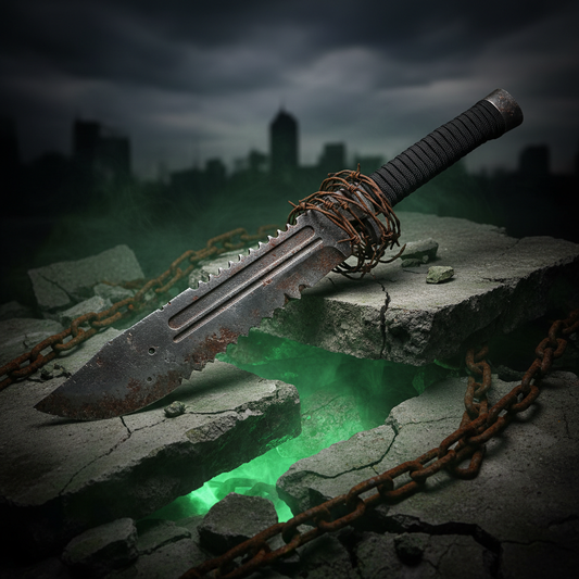 Zombie apocalypse survival machete with serrated blade and barbed wire handle on cracked concrete