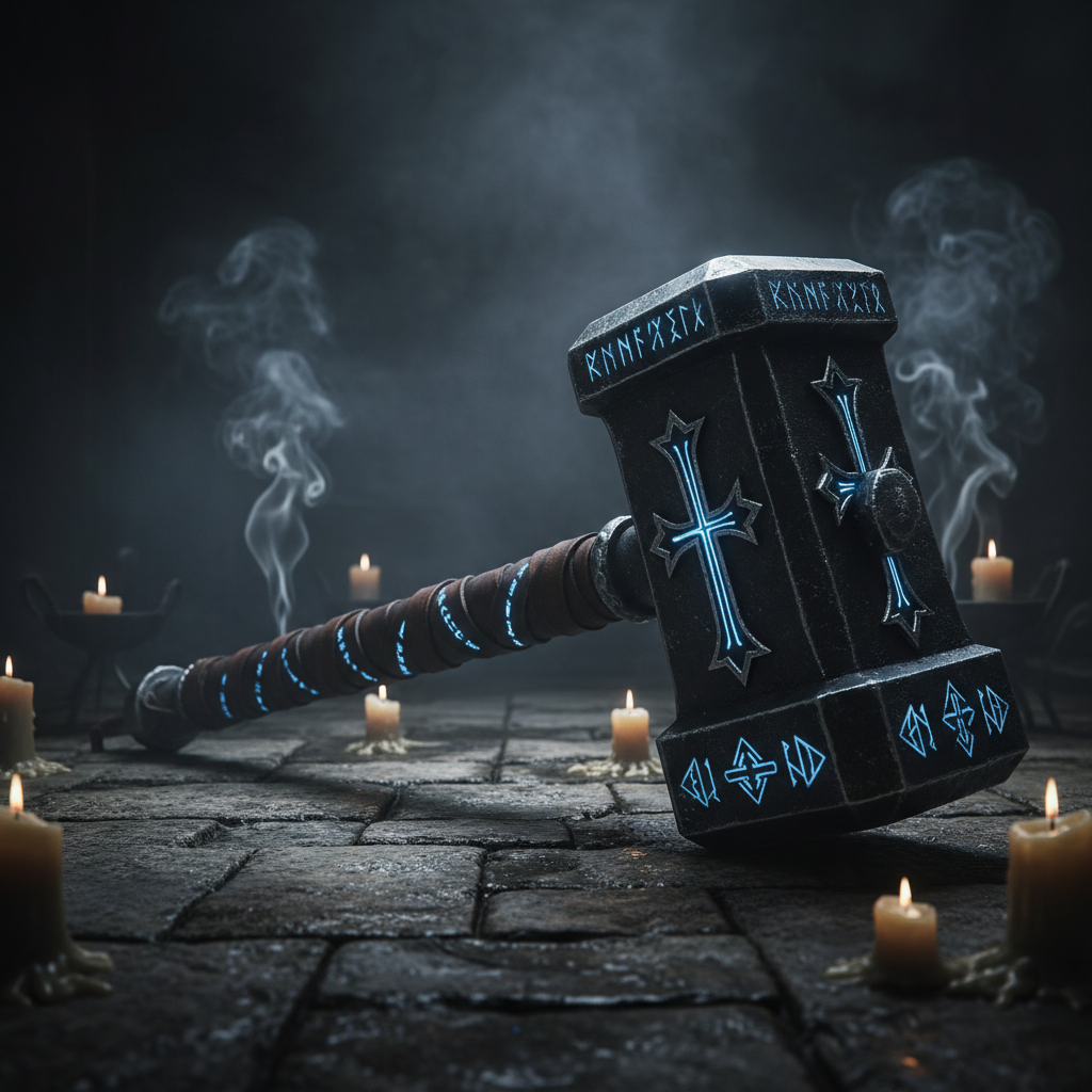 Hellbreaker war hammer with black iron head, silver holy symbols, and glowing blue rune-wrapped handle on dungeon floor