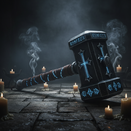 Hellbreaker war hammer with black iron head, silver holy symbols, and glowing blue rune-wrapped handle on dungeon floor